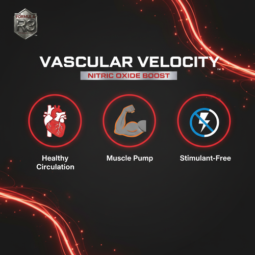 Advertisement for Vascular Velocity nitric oxide boost with icons and text on a dark background.