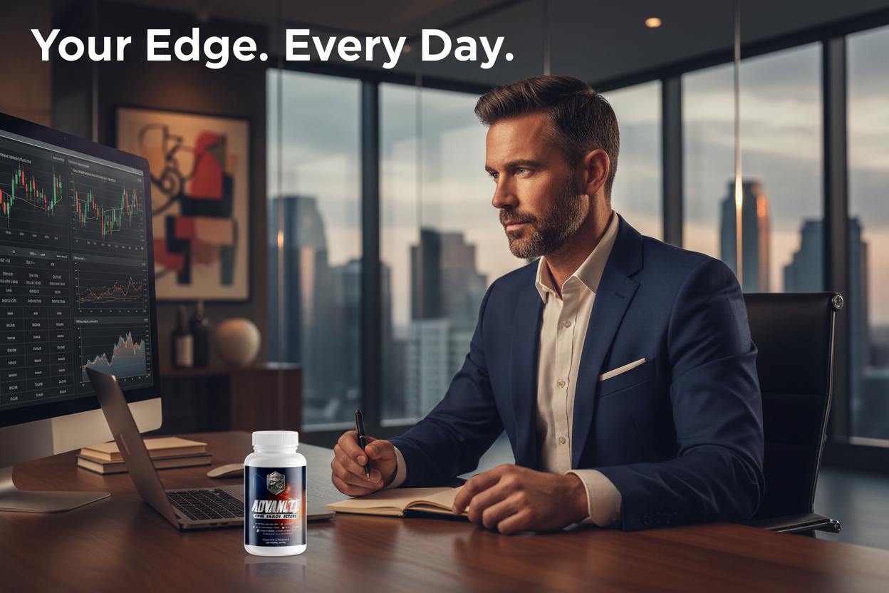 Man in a suit sitting at a desk with a supplement bottle labeled 'Your Edge' in an office setting.