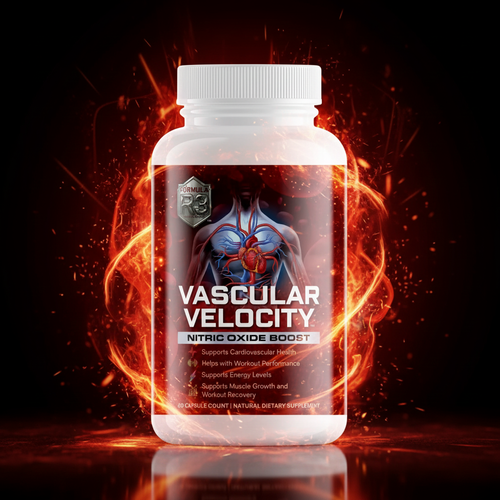 Bottle of Vascular Velocity supplement with fiery background