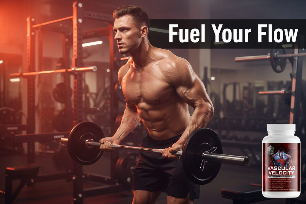 Muscular man lifting weights in a gym with a supplement bottle labeled 'Vascular Velocity' displayed.