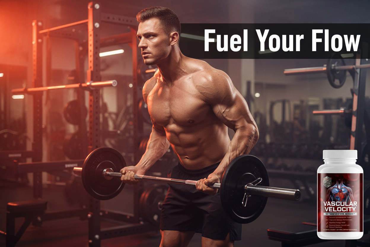 Muscular man lifting weights in a gym with a supplement bottle labeled 'Vascular Velocity' displayed.