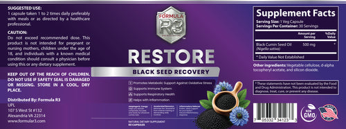 RESTORE Black Seed Recovery softgel bottle close-up