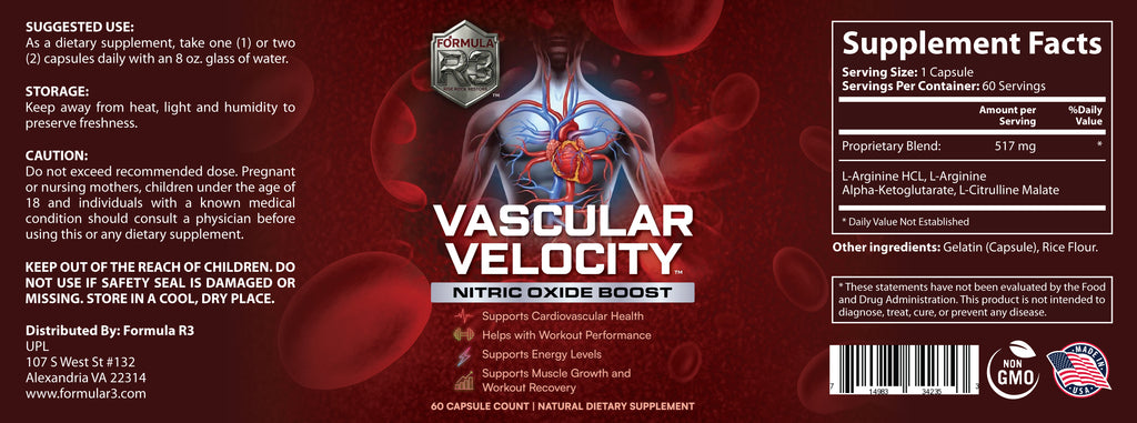 Supplement label for Vascular Velocity Nitric Oxide Boost with human figure and supplement facts on a red background.
